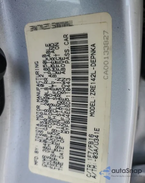 2013 Toyota Corolla Base z USA, uszkodzony, nr VIN 5YFBU4EE6DP110443